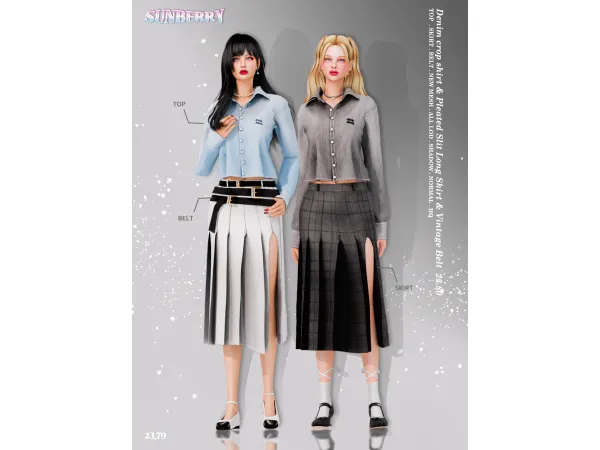 [SUNBERRY] Denim crop shirt & Pleated Slit Skirt & three Belt
