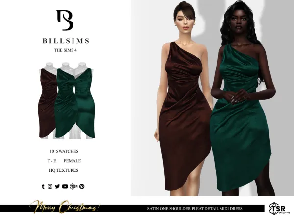 Alpha Satin One Shoulder Pleat Detail Midi Dress ( ) - The Sims 4 Custom Content