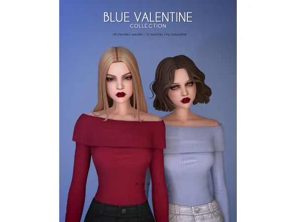 Mix Off Shoulders Sweater Blue Valentine Collection - The Sims 4 Custom Content