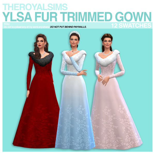 Maxis Match THEROYALSIMS YLSA FUR TRIMMED GOWN by simsfinds - The Sims 4 Custom Content