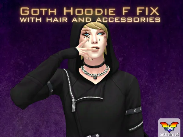 Maxis Match Goth Hoodie F fix with Hair and Accessories - The Sims 4 Custom Content