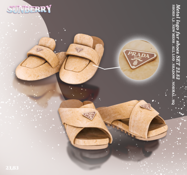 Alpha [SUNBERRY] Metal logo fur mule Sandals SET by simsfinds - The Sims 4 Custom Content