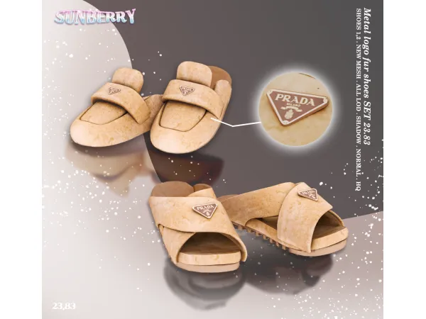 Alpha [SUNBERRY] Metal logo fur mule Sandals SET - The Sims 4 Custom Content