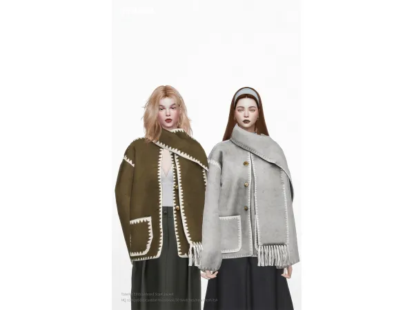 Alpha Toteme Embroidered Scarf Jacket by charonlee - The Sims 4 Custom Content