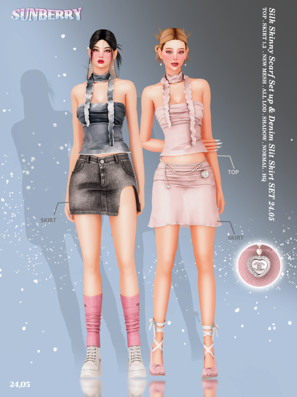 Alpha [SUNBERRY]Silk Skinny Scarf Set up Denim Slit Skirt SET by simsfinds - The Sims 4 Custom Content