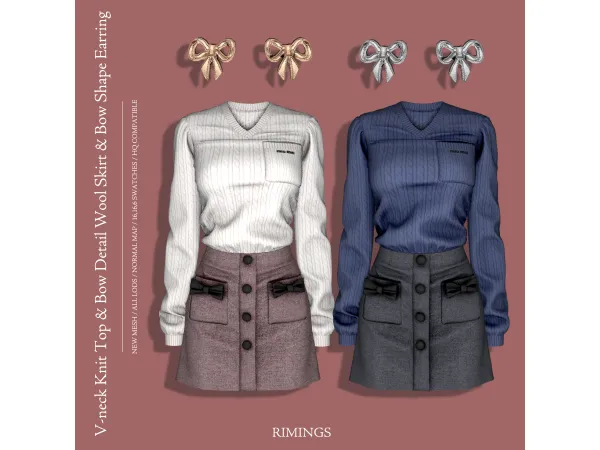 Alpha [RIMINGS] V neck Knit Top Bow Detail Wool Skirt Earring by RIMINGs - The Sims 4 Custom Content
