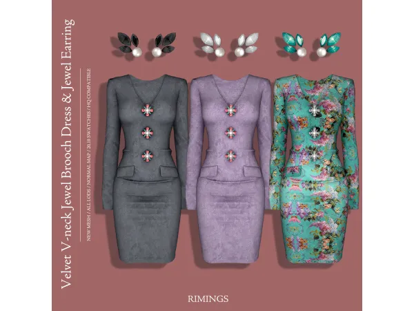 Alpha [RIMINGS] Velvet V neck Jewel Brooch Dress Earring by RIMINGs - The Sims 4 Custom Content