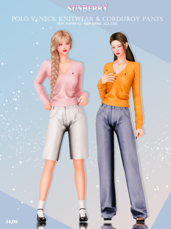 Alpha [SUNBERRY]Polo V neck knitwear Corduroy pants 2409 by simsfinds - The Sims 4 Custom Content