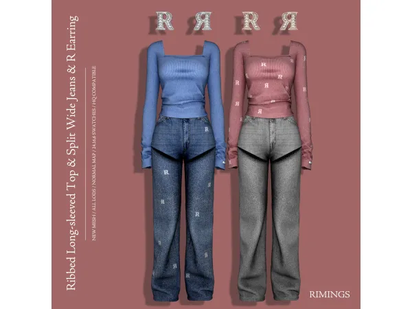 Alpha [RIMINGS] Ribbed Long sleeved Top Split Wide Jeans R Earring by RIMINGs - The Sims 4 Custom Content