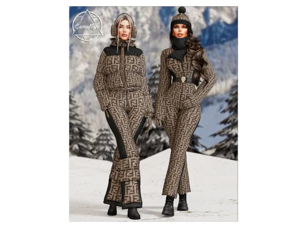 Alpha FENDI SKI Collection Jumpsuit with Scarf Jacket Ski Pants by camuflaje - The Sims 4 Custom Content