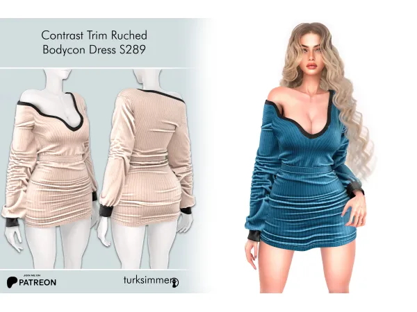 Alpha Contrast Trim Ruched Bodycon Dress S289 (ingame) by turksimmer - The Sims 4 Custom Content