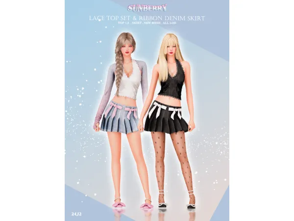 Alpha Lace top set ribbon denim skirt by Sunberry - The Sims 4 Custom Content