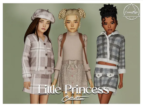 Alpha Little Princess Child Collection (6 items) 3 Outfits Backpack Beret Earrings by camuflaje - The Sims 4 Custom Content