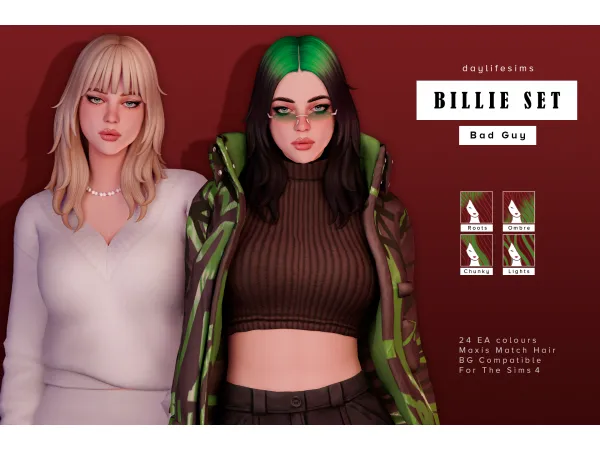 Maxis Match BILLIE HAIR SET Bad Guy (2 versions) by daylifesims - The Sims 4 Custom Content