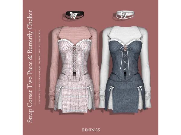 Alpha Strap Corset Two Piece Butterfly Choker by [RIMINGS] - The Sims 4 Custom Content