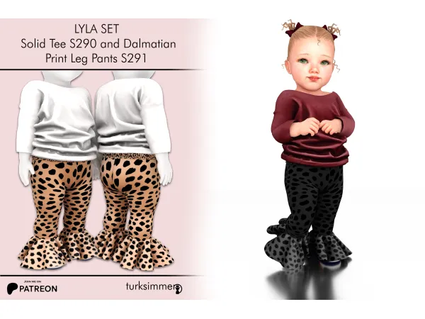 Alpha LYLA SET Solid Tee S290 and Dalmatian Print Leg Pants S291 (ingame infants) by turksimmer - The Sims 4 Custom Content