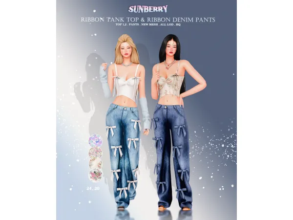 Alpha [SUNBERRY] Ribbon Tank Top denim pants SET - The Sims 4 Custom Content