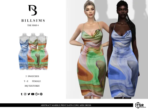 Mix Abstract Marble Print Satin Cowl Midi Dress ( ) - The Sims 4 Custom Content