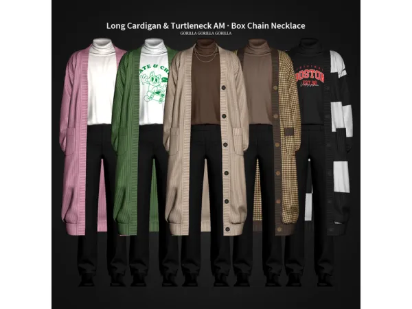 Mix Long Cardigan Turtleneck AM Box Chain Necklace AM by gorillax3 - The Sims 4 Custom Content