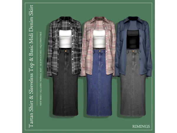 Alpha [RIMINGS] Tartan Shirt Sleeveless Top Basic Midi Denim Skirt by RIMINGs - The Sims 4 Custom Content