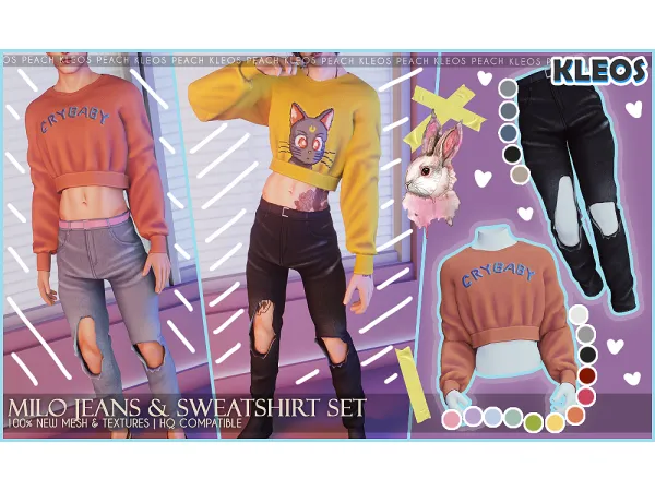 Alpha PEACH Milo Jeans Sweatshirt Set by kleossims - The Sims 4 Custom Content