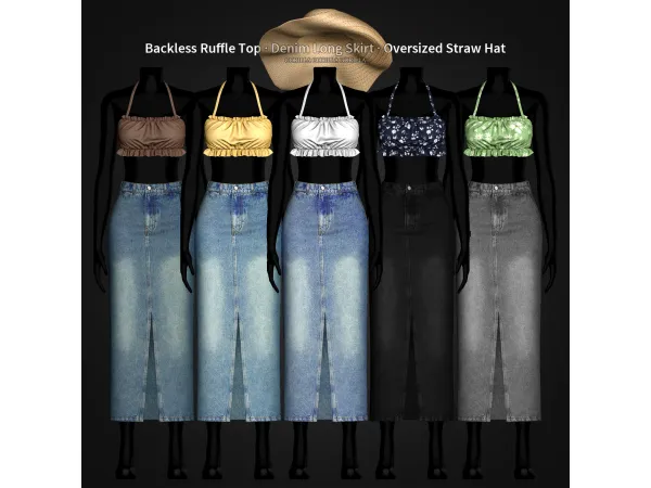 Alpha Backless Ruffle Top Denim Long Skirt Oversized Straw Hat by gorillax3 - The Sims 4 Custom Content
