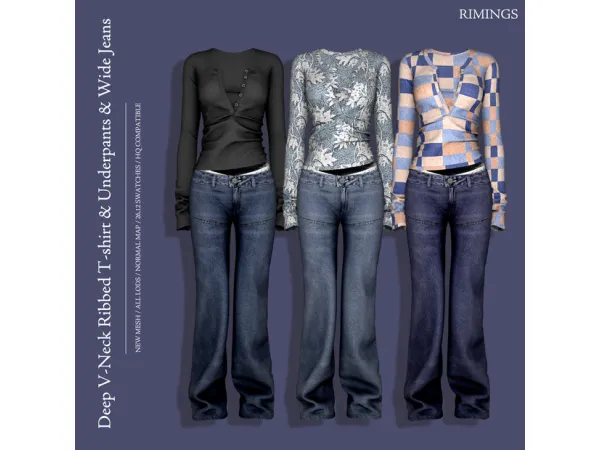 Alpha [RIMINGS] Deep V Neck Ribbed T shirt Underpants Wide Jeans - The Sims 4 Custom Content