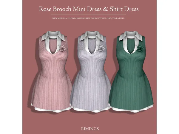Alpha [RIMINGS] Rose Brooch Mini Dress Shirt Dress by RIMINGs - The Sims 4 Custom Content