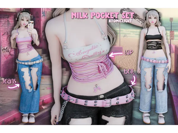 Alpha Milk Pocket Set Jeans Top and Belt by atomiclight - The Sims 4 Custom Content