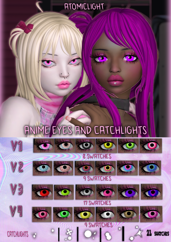 Mix 4 eyes and eye catchlights (highlights) in anime style by atomiclight - The Sims 4 Custom Content