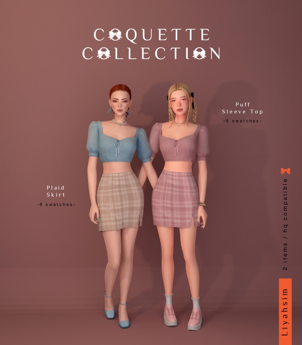 Maxis Match [Coquette Collection] Puff Sleeve Top Plaid Skirt by luxysims - The Sims 4 Custom Content