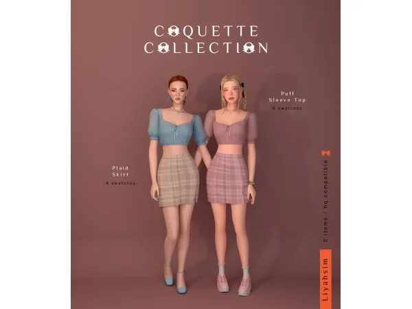 Maxis Match [Coquette Collection] Puff Sleeve Top Plaid Skirt - The Sims 4 Custom Content
