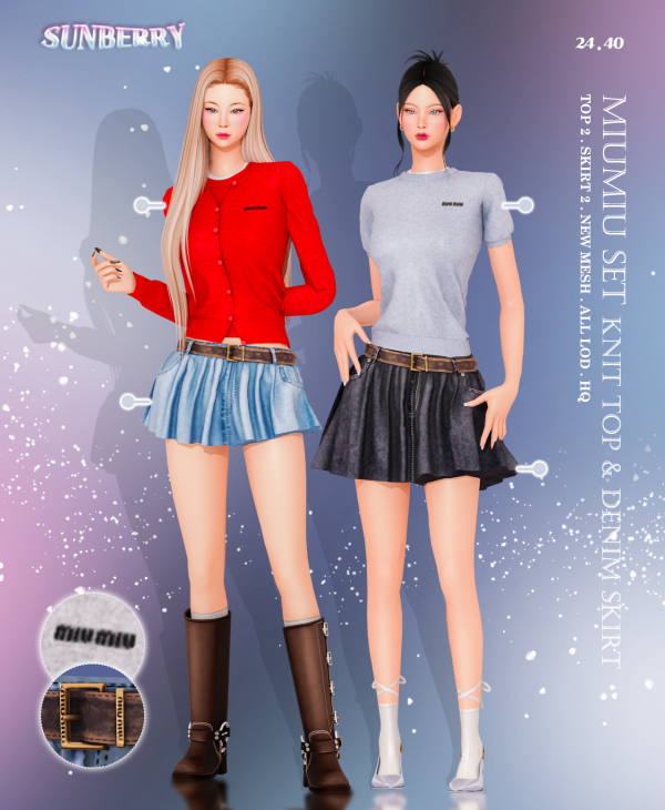 Alpha [SUNBERRY]MIUMIU SET Knit Top Denim Skirt 2440 by simsfinds - The Sims 4 Custom Content