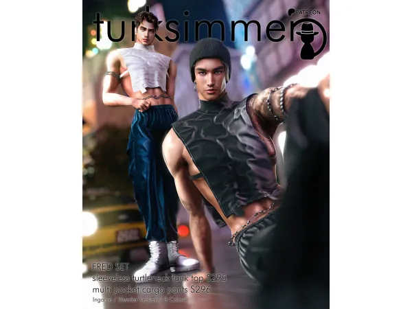 Alpha FRED SET sleeveless turtleneck tank top S295 and multi pocket cargo pants S296 by daphsmods - The Sims 4 Custom Content