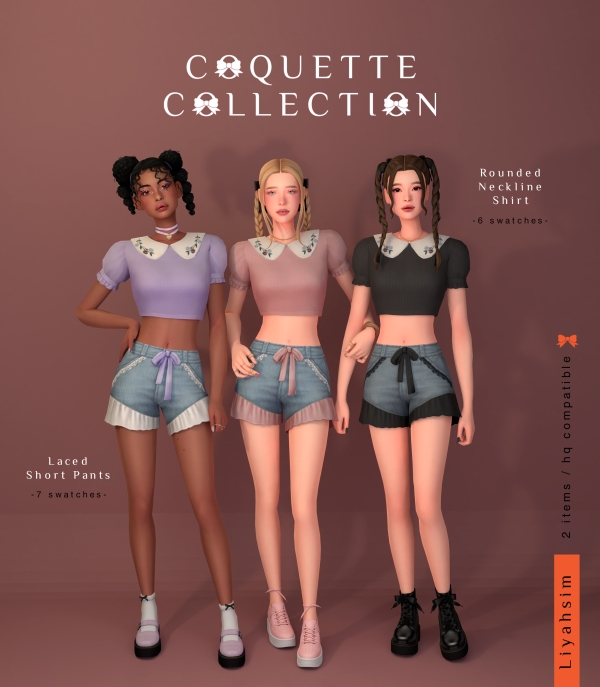 Maxis Match [Coquette Collection] Rounded Neckline Shirt Laced Short Pants by luxysims - The Sims 4 Custom Content