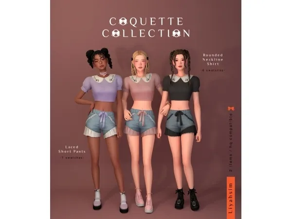 Maxis Match [Coquette Collection] Rounded Neckline Shirt Laced Short Pants - The Sims 4 Custom Content