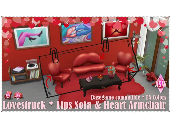 Maxis Match Lovestruck Lips Sofa Heart Armchair by AnnettsSims4Welt - The Sims 4 Custom Content