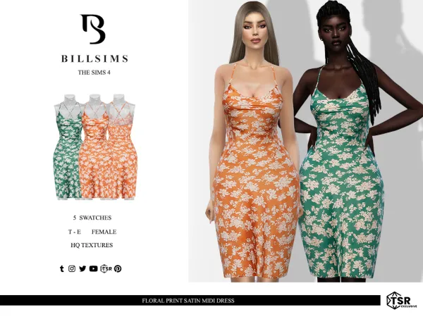 Alpha Floral Print Satin Midi Dress ( ) - The Sims 4 Custom Content