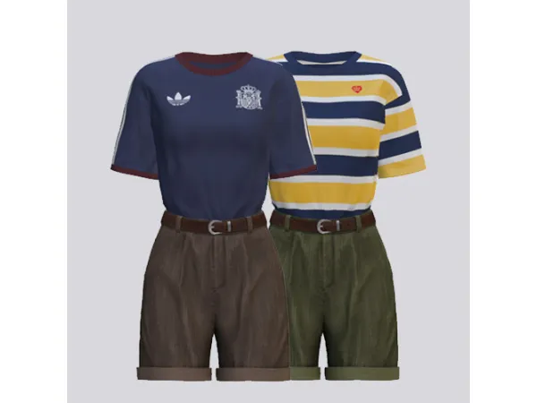 Mix Basic T Shirt Cotton Corduroy Shorts by NORU - The Sims 4 Custom Content