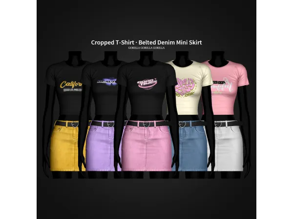 Alpha Cropped T Shirt Belted Denim Mini Skirt by Gorilla Gorilla Gorilla - The Sims 4 Custom Content