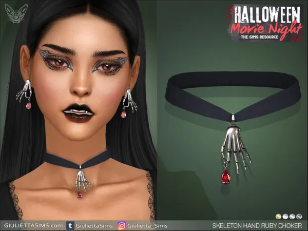 Alpha Halloween Movie Night Skeleton Ruby Hand Choker by giuliettasims - The Sims 4 Custom Content