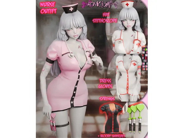 Mix Nurse Outfit dress hat and accessories by Atomiclight - The Sims 4 Custom Content