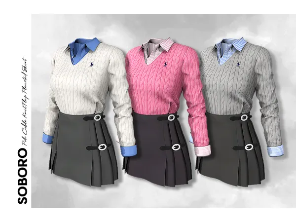 Mix SOBORO Polo Cable Knit Flap Pleasted Skirt - The Sims 4 Custom Content