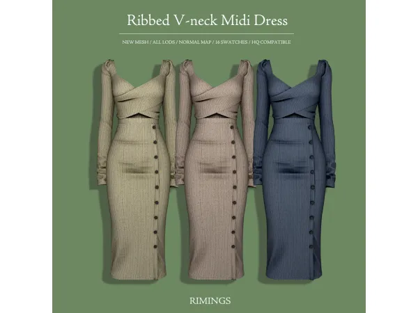 Alpha [RIMINGS] Ribbed V neck Midi Dress - The Sims 4 Custom Content