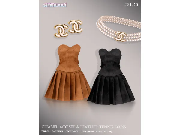 Alpha [SUNBERRY] FW Leather Dress Chanel Acc SET - The Sims 4 Custom Content