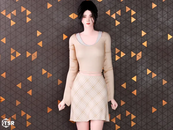 Maxis Match Emi Plaid skirt with cozy long sleeve top by Garfiel - The Sims 4 Custom Content
