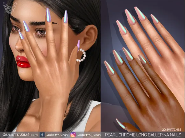 Alpha Pearl Chrome Long Ballerina Nails by feyona - The Sims 4 custom content