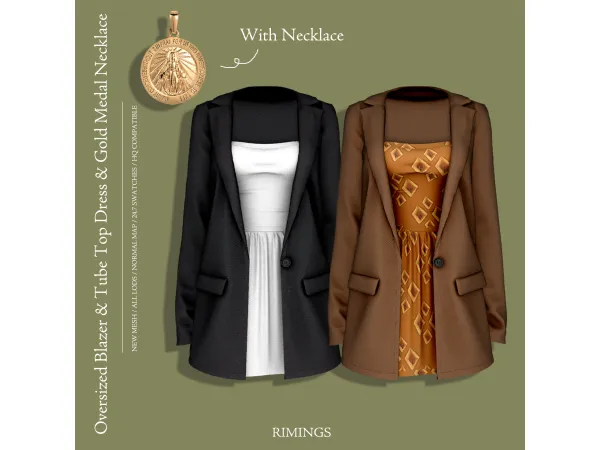 Alpha [RIMINGS] Oversized Blazer Tube Top Dress Gold Medal Necklace - The Sims 4 Custom Content