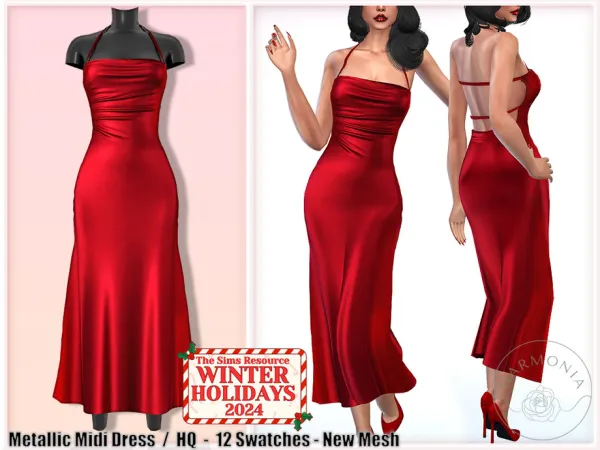 Alpha Winter Holidays 2024 Metallic Midi Dress by Harmonia - The Sims 4 Custom Content