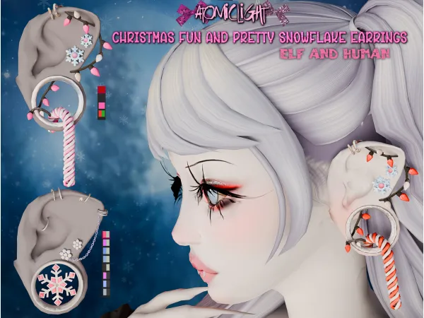 Maxis Match Two earrings Christmas Fun and Pretty Snowflake for atomiclight ears mod by Atomiclight - The Sims 4 Custom Content